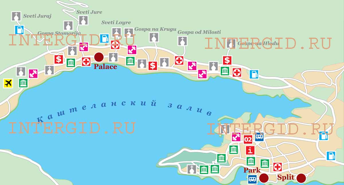 Карта курортной зоны города Сплит (Хорватия). Схема расположения отелей